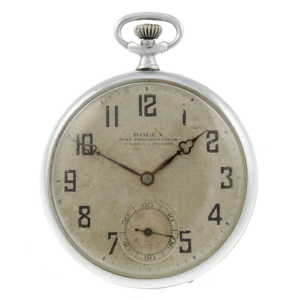 An open face pocket watch by Rolex. Stainless steel: An open face pocket watch by Rolex. Stainless steel case. Numbered 7734. Signed keyless wind seventeen jewel movement with club tooth lever escapement. Silvered dial with Arabic numeral hour markers,