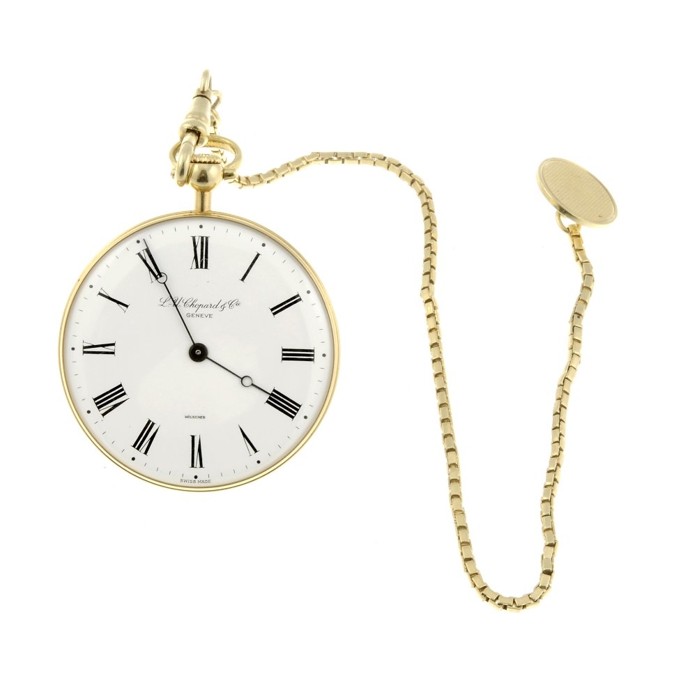 An open face pocket watch by L.U.Chopard & Co. Yellow: An open face pocket watch by L.U.Chopard & Co. Yellow metal case, stamped 18k with poincon. Numbered 10676 3004. Signed keyless wind twenty-one jewel movement with club tooth lever escapement. White d