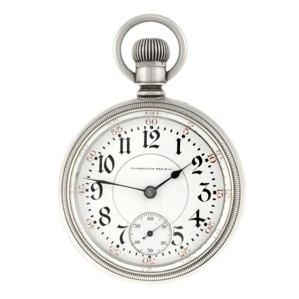 An open face railroad grade pocket watch by Illinois,: An open face railroad grade pocket watch by Illinois, signed Washington Watch Co. White metal case, stamped 925/1000. Signed keyless wind Bunn Special Grade movement with club tooth lever escapement a