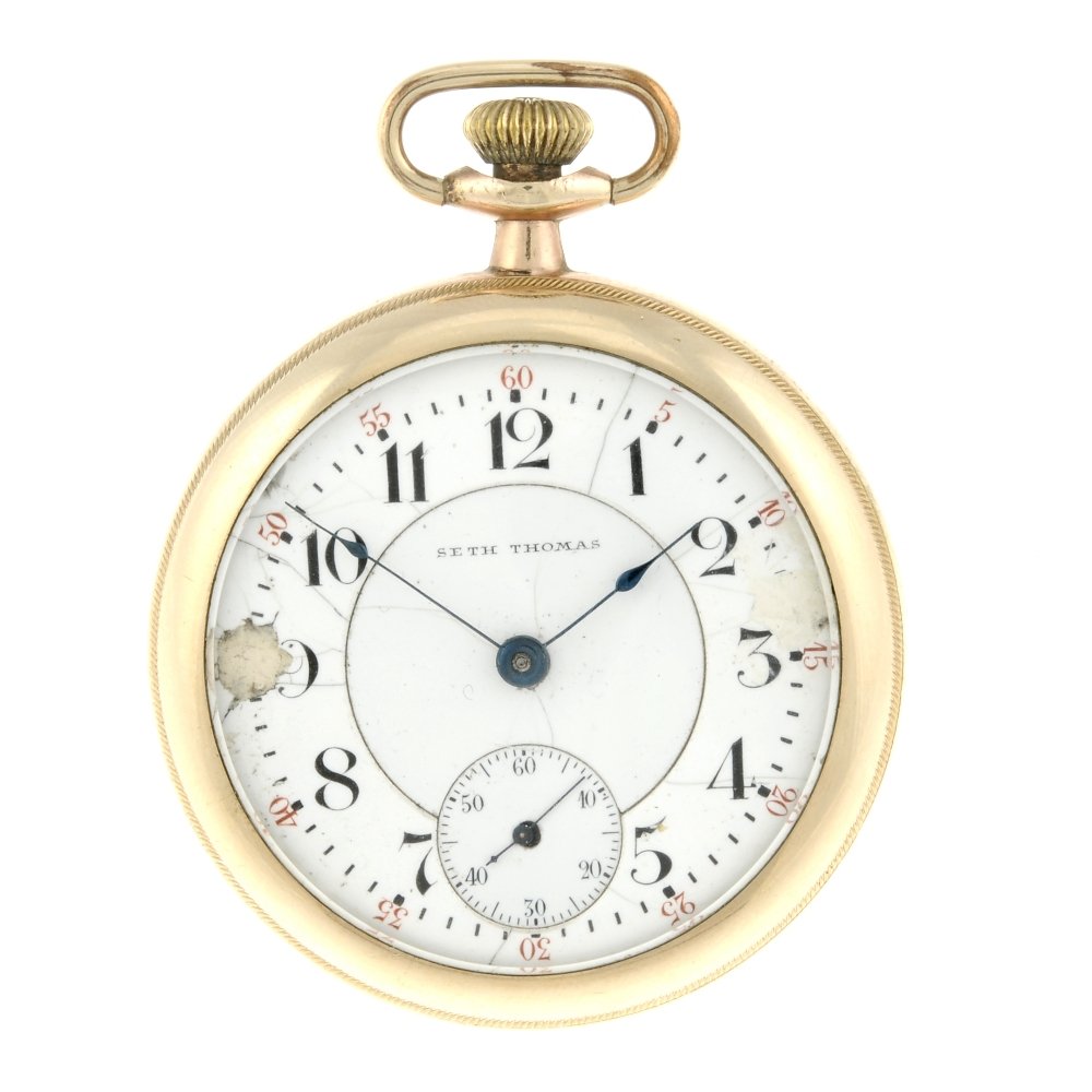 An open face railroad grade pocket watch by Seth: An open face railroad grade pocket watch by Seth Thomas. Gold filled Comrade case. Numbered 4094009. Signed keyless wind 260 Grade movement with club tooth lever escapement and overcoil hairspring, nu
