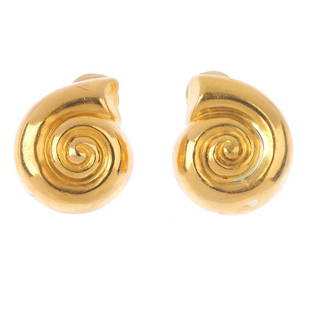 ILIAS LALAOUNIS - a pair of 18ct gold earrings. Each: ILIAS LALAOUNIS - a pair of 18ct gold earrings. Each designed as a spiral shell. Maker's mark for Ilias Lalaounis. Hallmarks for London, 1999. Length 2.1cms. Weight 12.6gms.