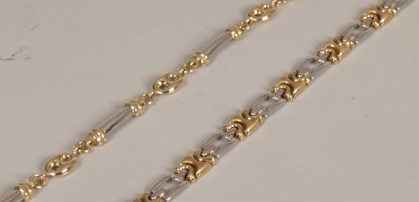 Two 14ct bi-colour gold fancy link bracelets, 16.7: Two 14ct bi-colour gold fancy link bracelets, 16.70gms.