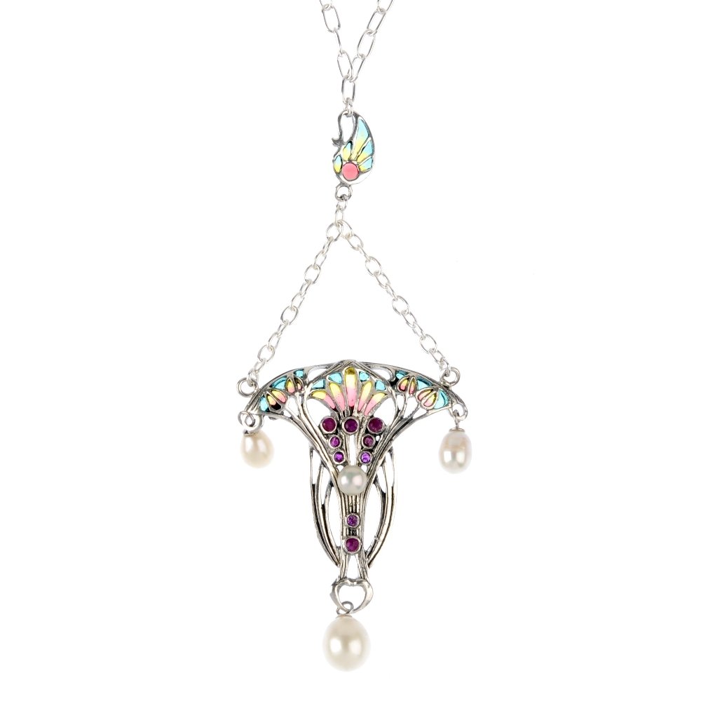 A ruby, cultured pearl and plique-a-jour enamel (1 of 4)