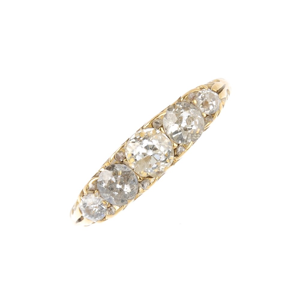 A late Victorian 18ct gold diamond five-stone ring, (1 of 3)