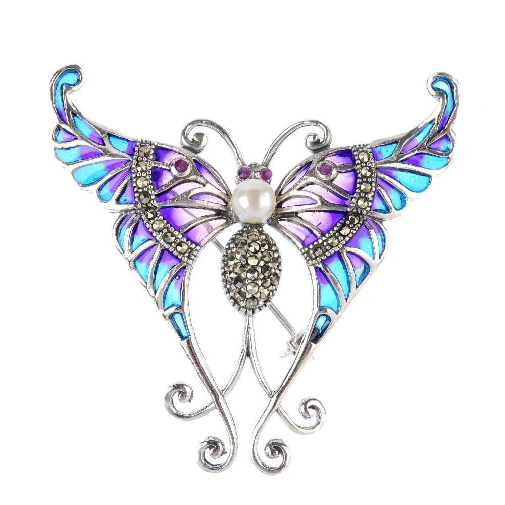 A ruby, cultured pearl. marcasite and plique-a-jour (1 of 2)