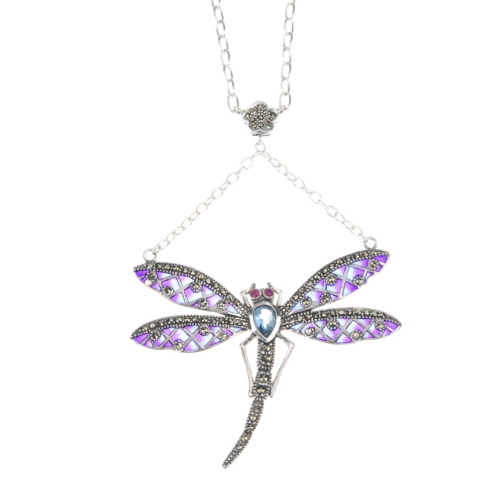 A plique-a-jour, gem and marcasite dragonfly pendant.: A plique-a-jour, gem and marcasite dragonfly pendant. The belcher-link chain cinched to a flower-shape junction, set with marcasites, suspending a pendant in the shape of a dragonfly, with blue gem bo