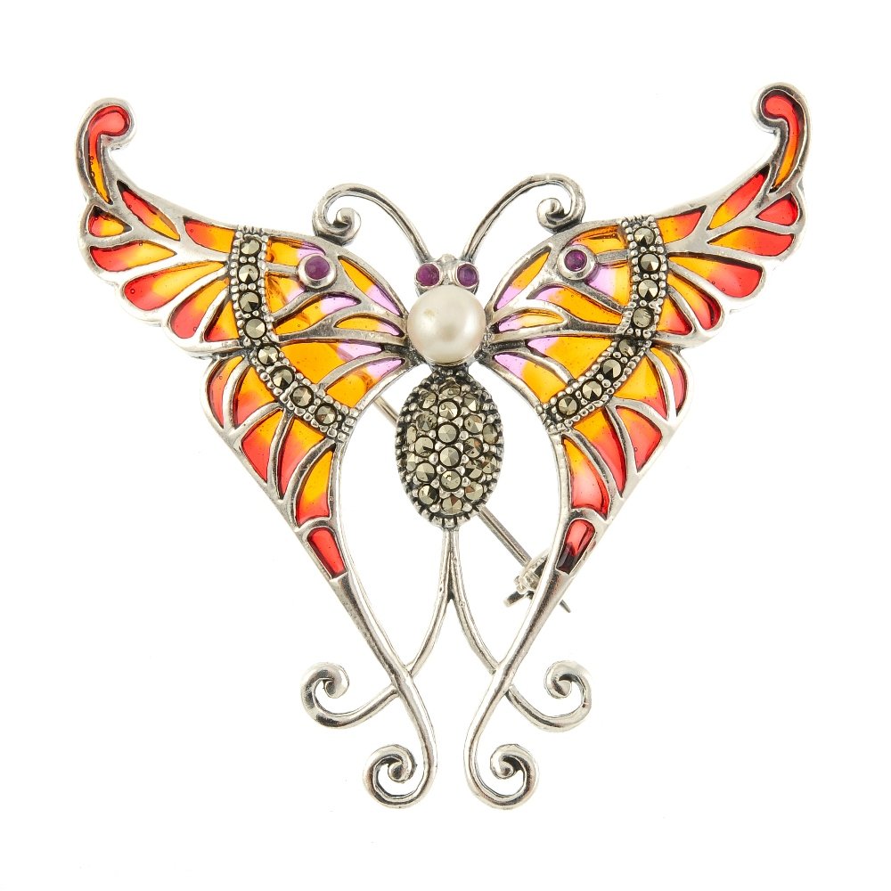 A plique-a-jour, gem and marcasite butterfly brooch.: A plique-a-jour, gem and marcasite butterfly brooch. With marcasites set to the body and wings and the wings with orange and red plique-a-jour enamel and red gems to the eyes and wings. Length 5.5cms.