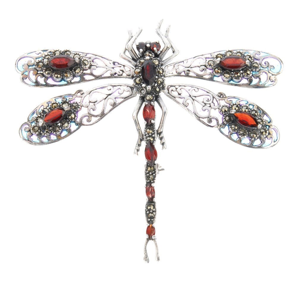 A plique-a-jour, gem and marcasite dragonfly brooch. (1 of 2)