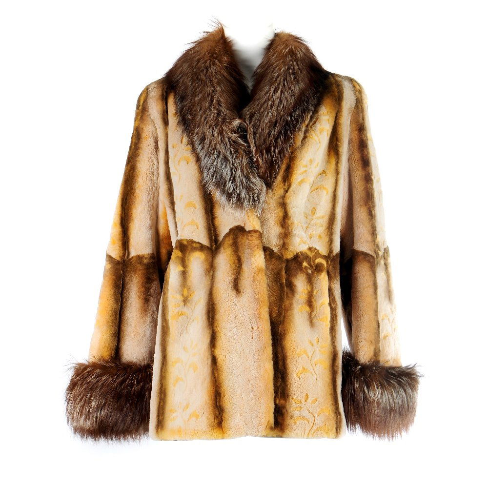 A sheared coney fur jacket with grey fox fur collar and (1 of 2)