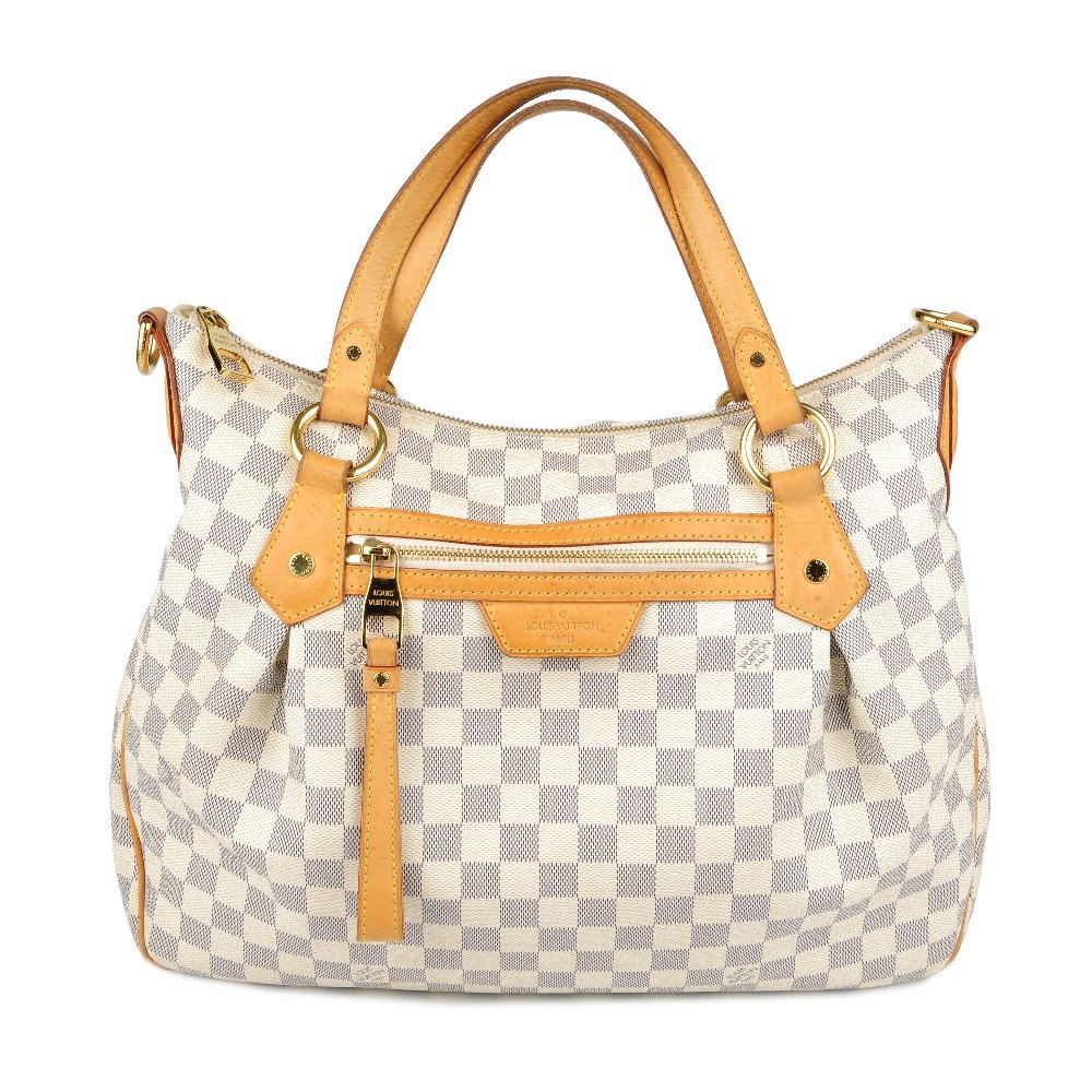 LOUIS VUITTON - a Damier Azur Evora MM handbag.: LOUIS VUITTON - a Damier Azur Evora MM handbag. Designed with maker's damier azur coated canvas exterior with pleated detailing to the front and back, trimmed with natural vachetta cowhide with matchi