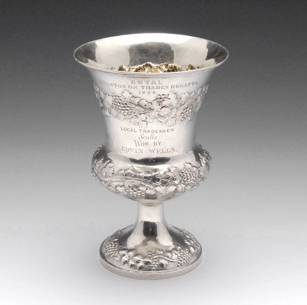 An early Victorian silver trophy vase of campana form, (1 of 8)