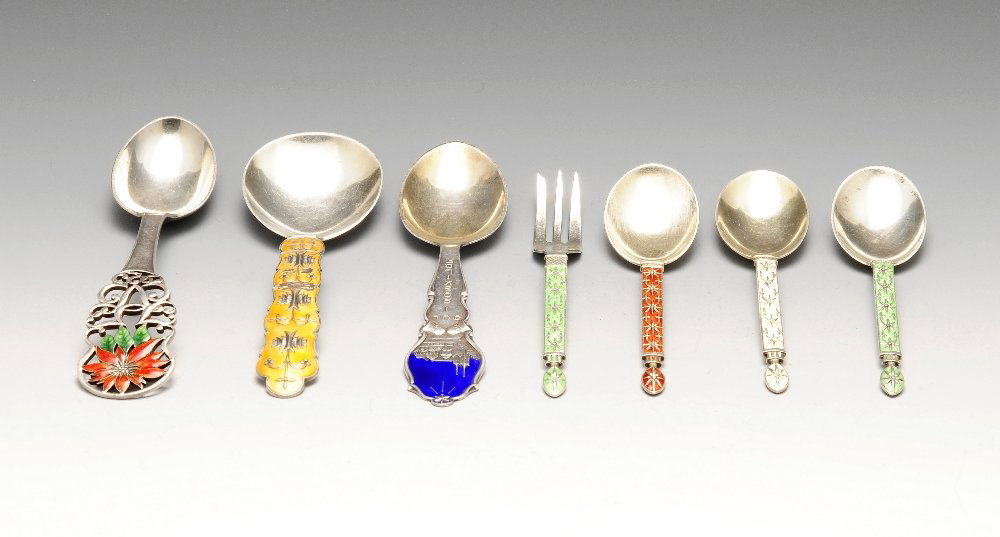 A selection of Scandinavian silver and enamel spoons, (1 of 7)