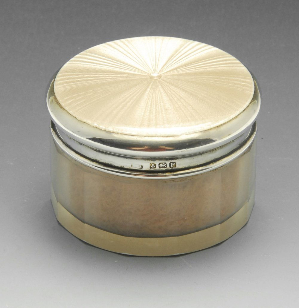 A 1930's silver mounted glass vanity pot, the facetted (1 of 4)