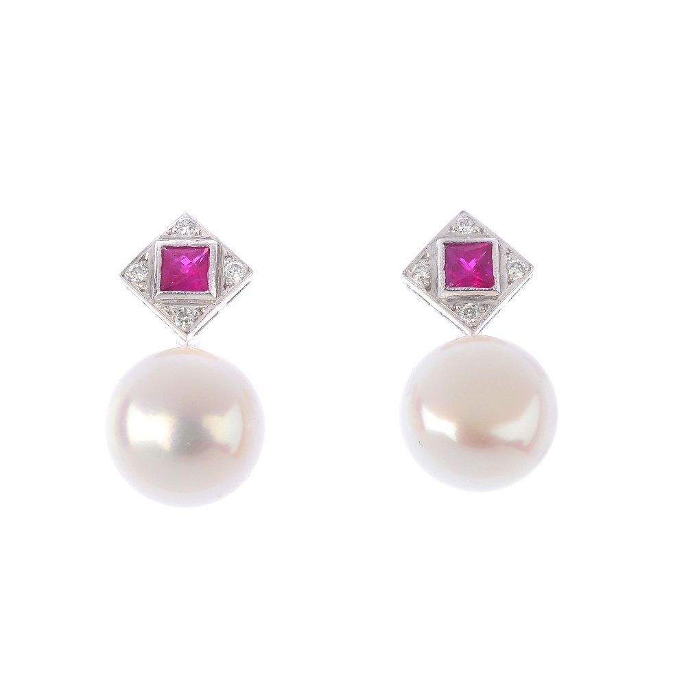 A pair cultured pearl, diamond and ruby earrings. Each (1 of 2)