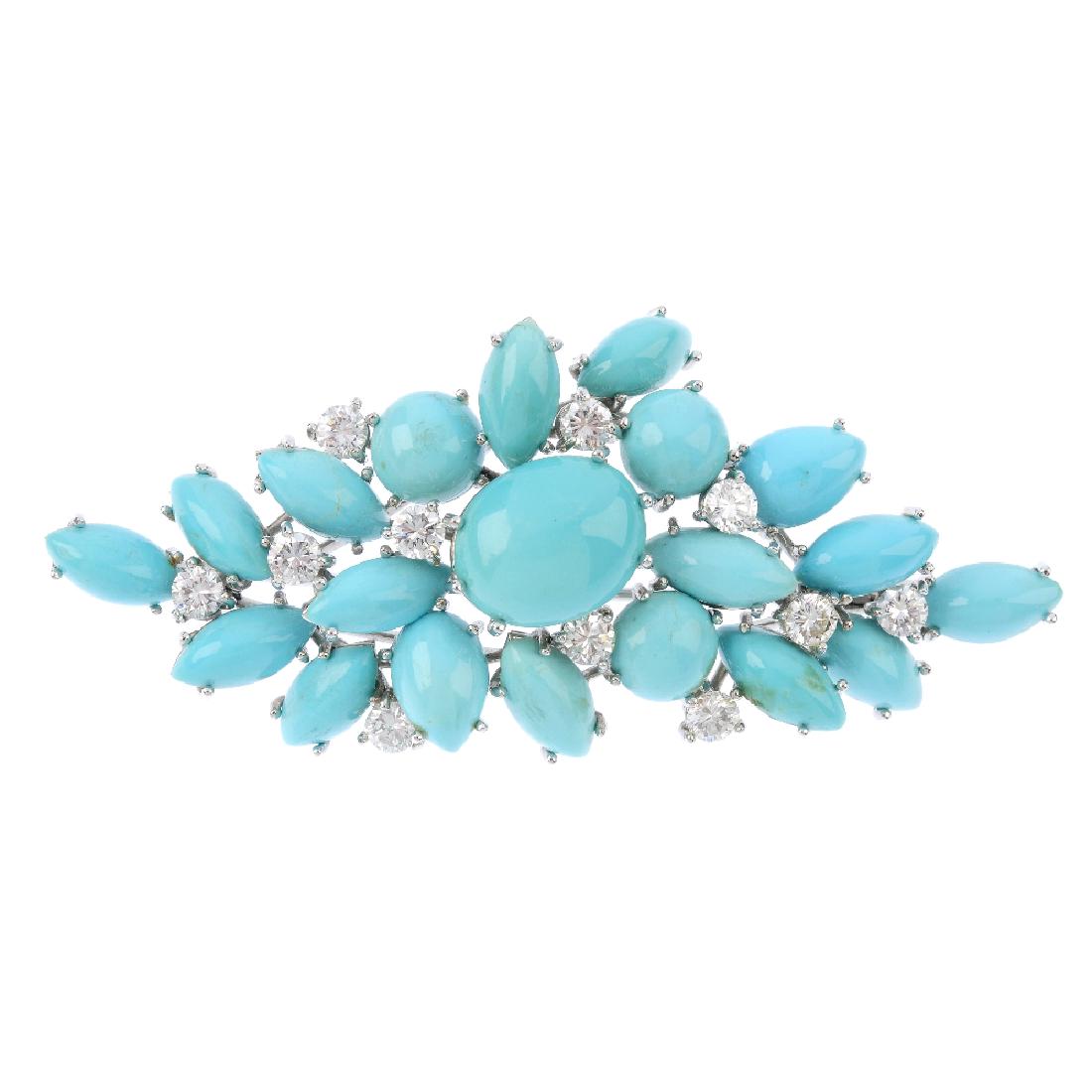 A turquoise and diamond brooch. Designed as a (1 of 2)