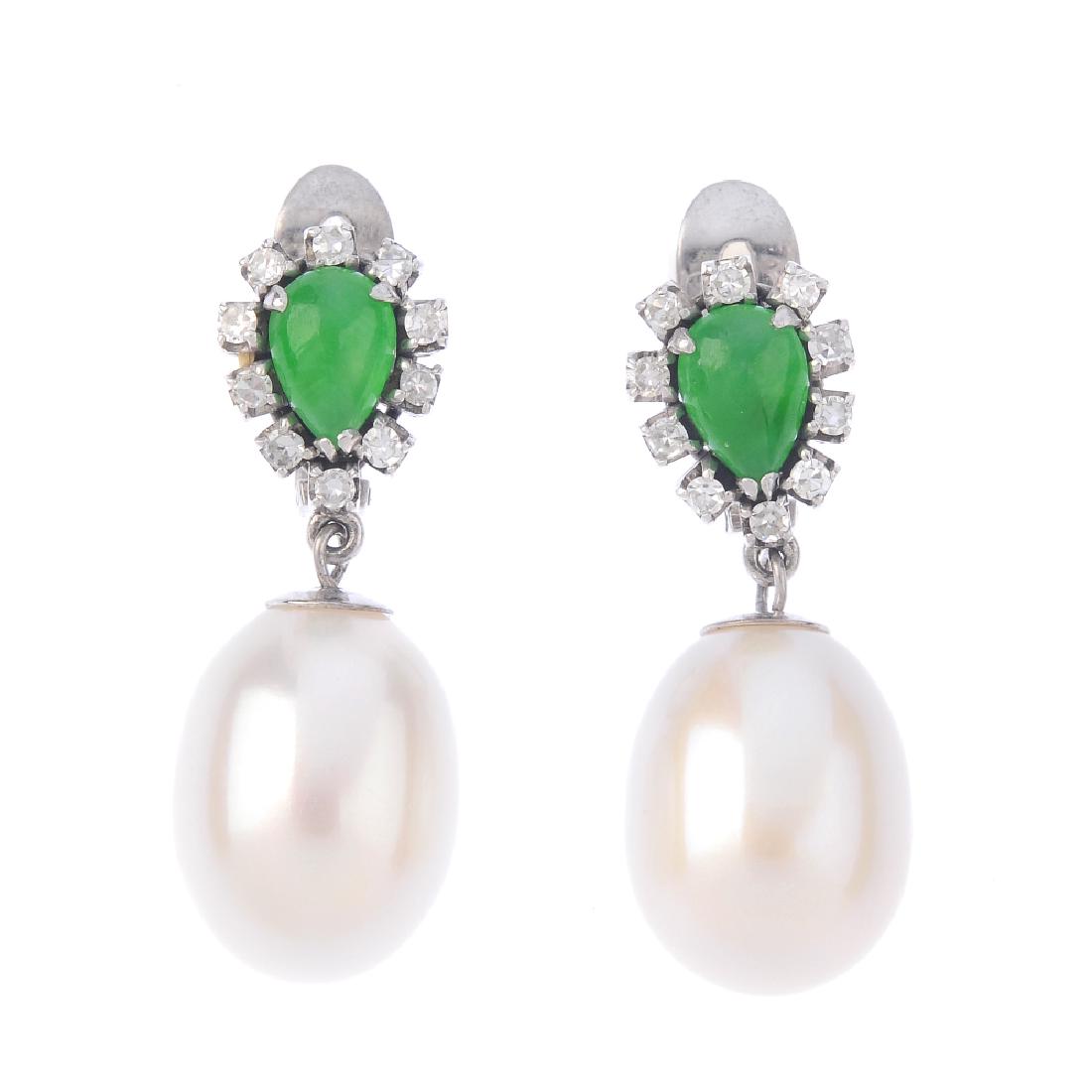 A pair of jade and cultured pearl earrings. Each (1 of 2)