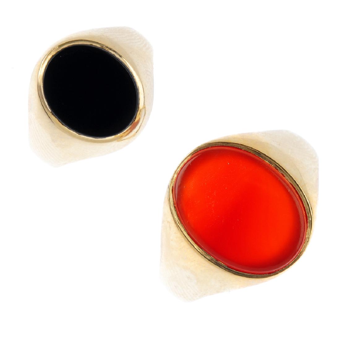 Two gentleman's 9ct gold signet rings. Each designed as (1 of 3)