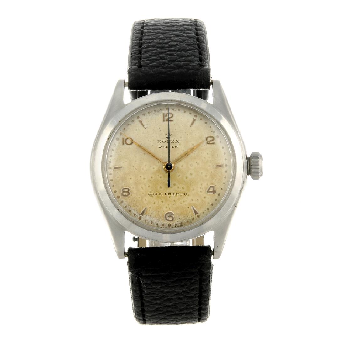 ROLEX - a gentleman's Oyster wrist watch. Circa 1946.: ROLEX - a gentleman's Oyster wrist watch. Circa 1946. Stainless steel case. Reference 4499, serial 421676. Signed manual wind movement. Discoloured silvered dial with alternating Arabic numeral and ar