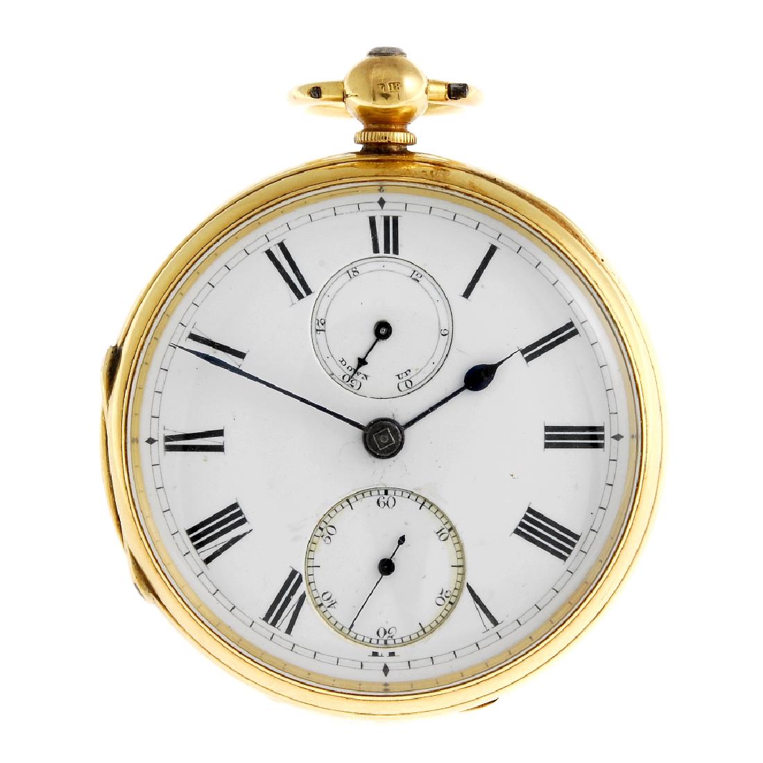 An open face pocket watch by R. Haswell & Sons. 18ct: An open face pocket watch by R. Haswell & Sons. 18ct yellow gold case, hallmarked London 1884. Signed full plate key wind fusee and chain movement with ratchet tooth lever escapement, partial train je