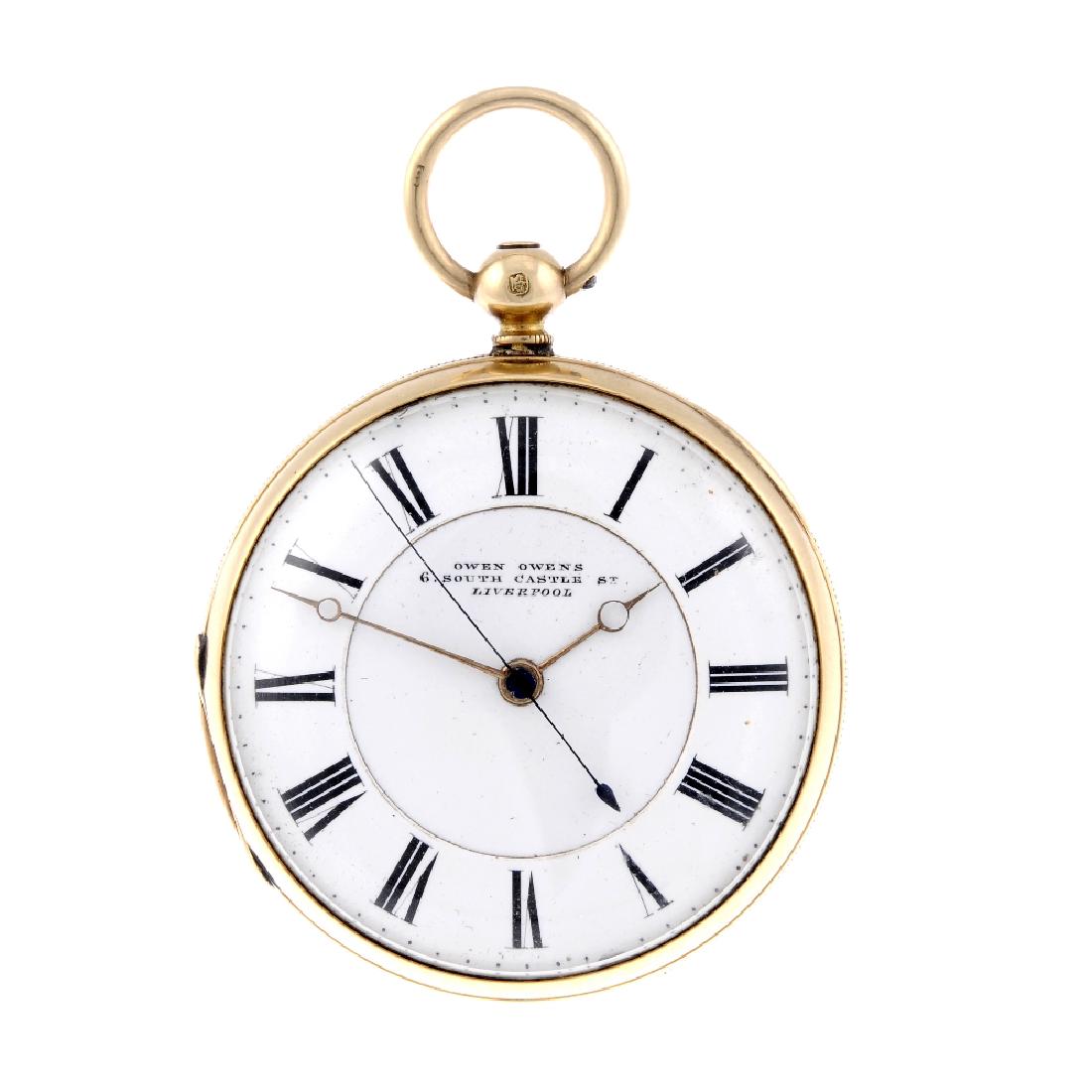 An open face centre seconds pocket watch by Owen Owens.: An open face centre seconds pocket watch by Owen Owens. 18ct yellow gold case, hallmarked Chester possibly 1861. Signed key wind three quarter plate movement with ratchet tooth lever escapement. White