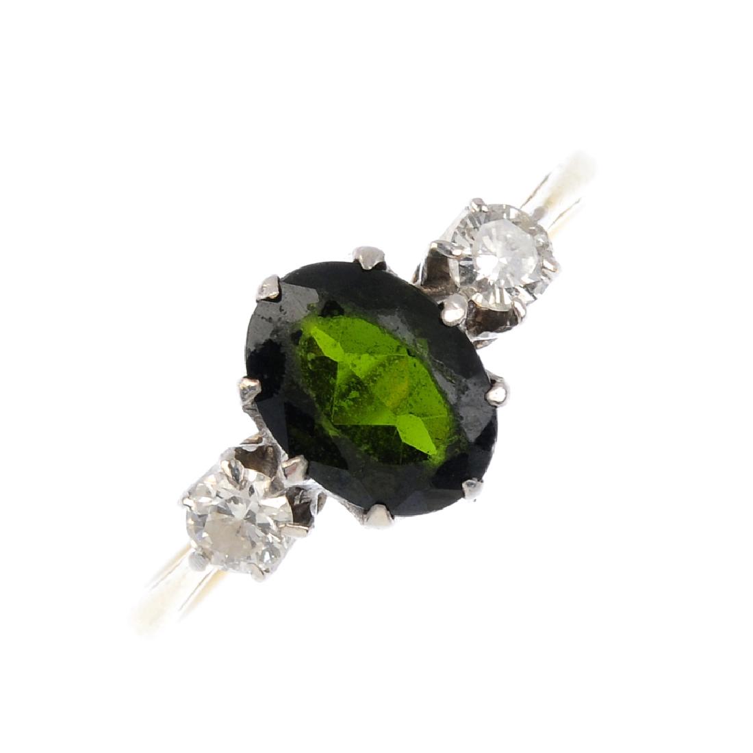 A tourmaline and diamond three-stone ring. The (1 of 3)
