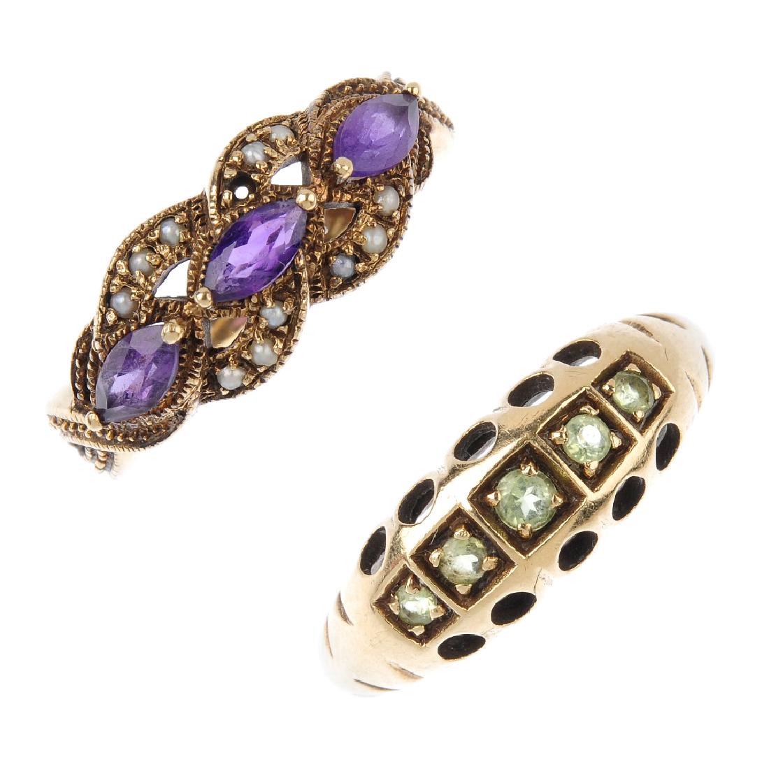 Two 9ct gold gem-set rings. To include a circular-shape (1 of 3)