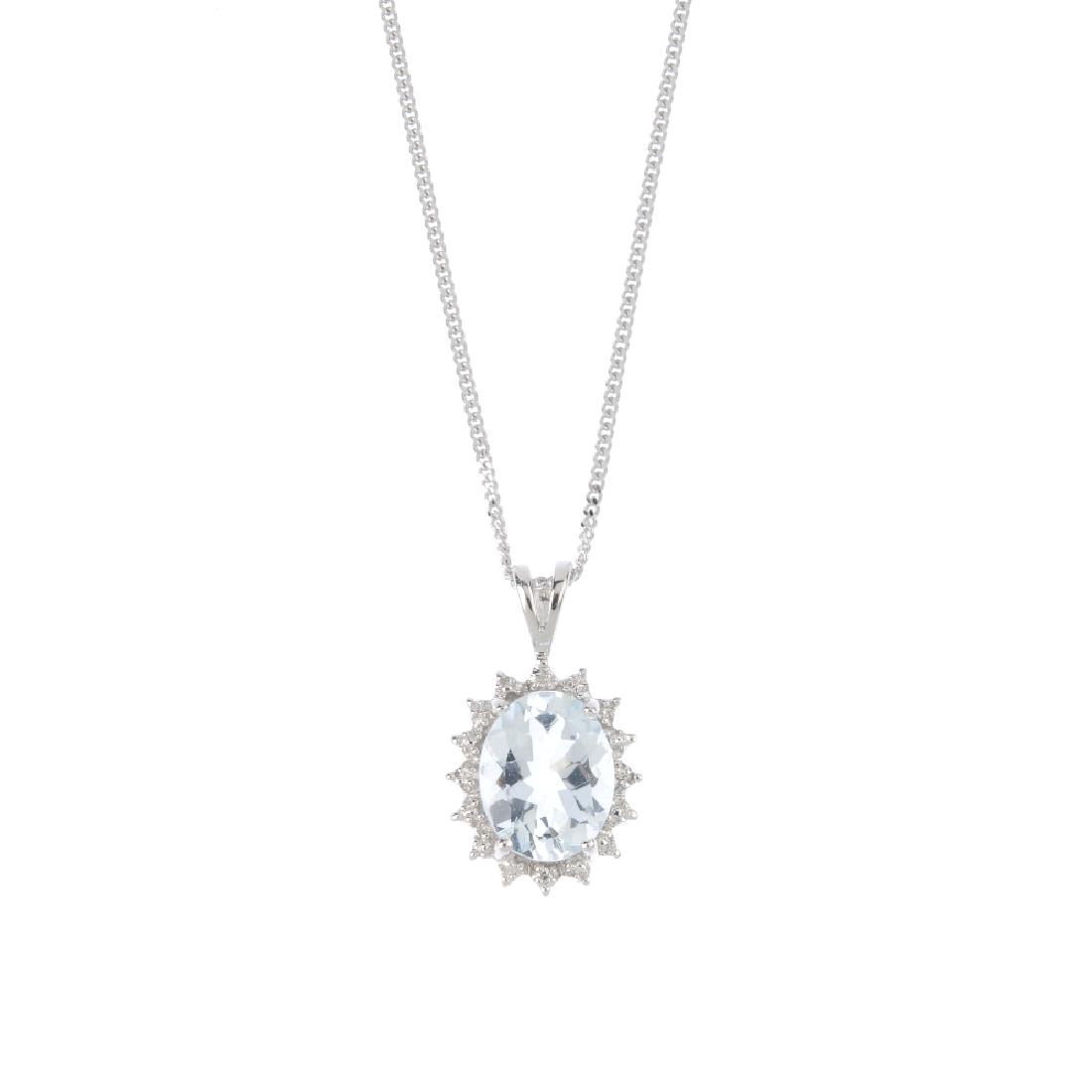 A 9ct gold aquamarine and diamond cluster pendant, with (1 of 4)