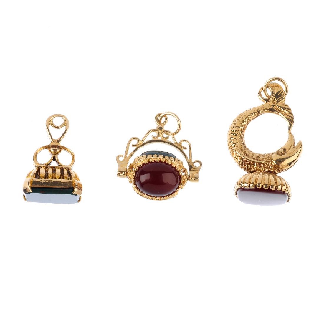 Three gem-set fobs. To include a carnelian, bloodstone (1 of 2)