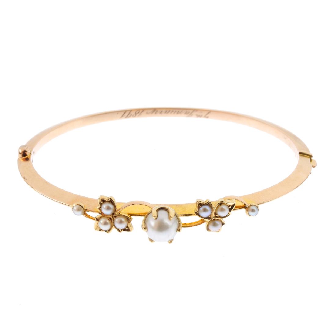 A late Victorian gold cultured pearl and split pearl (1 of 2)