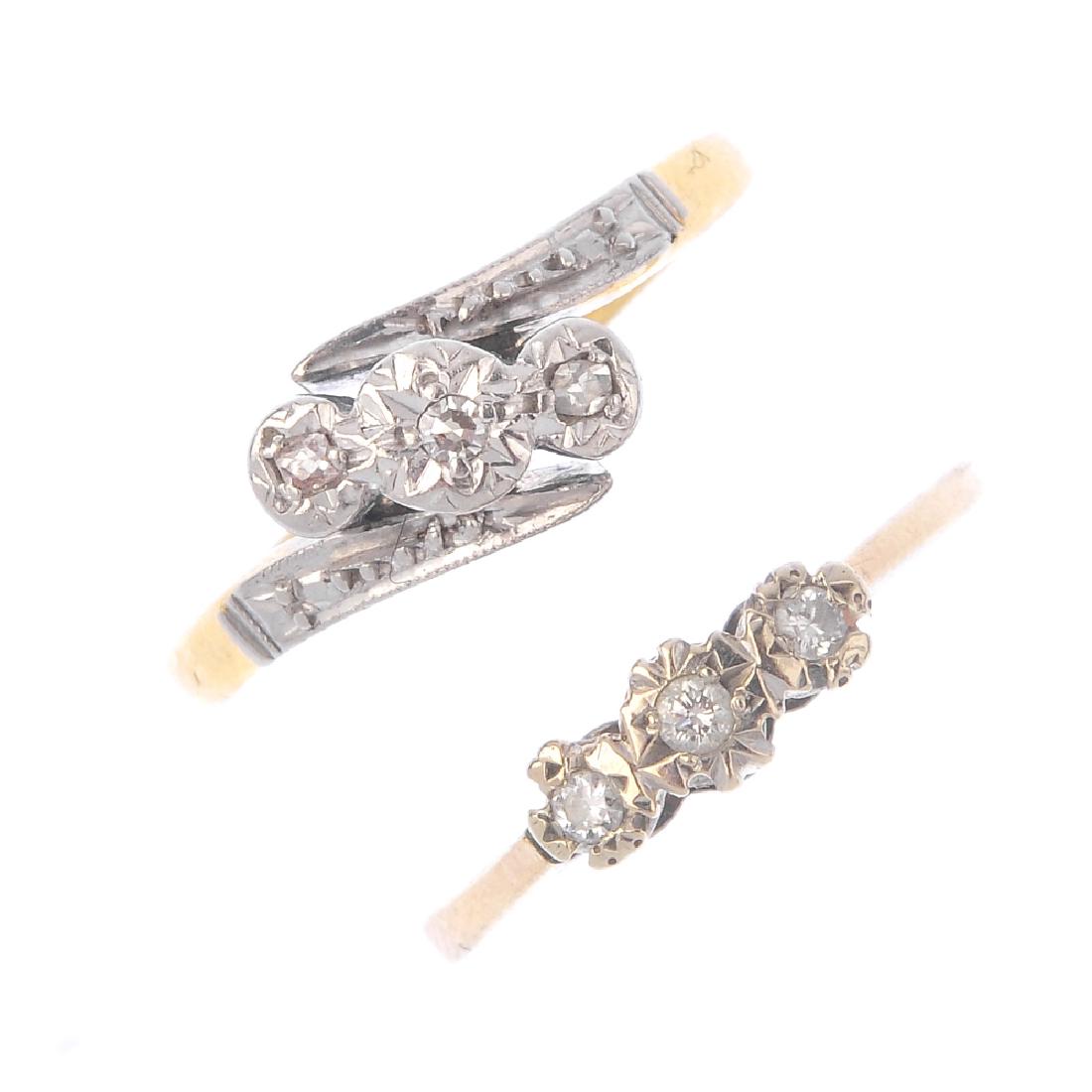 Two diamond three-stone rings. Each designed as an (1 of 3)