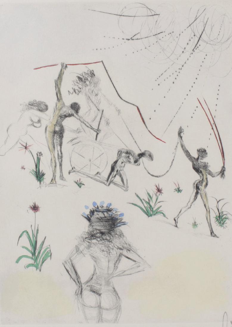 ARR* After Salvador Dali, (1904-1989) Les Negresses': ARR* After Salvador Dali, (1904-1989) Les Negresses' from the suite 'Venus au Fourrures', an original drypoint etching with watercolour highlights on Japon paper, signed in pencil and embossed with Da