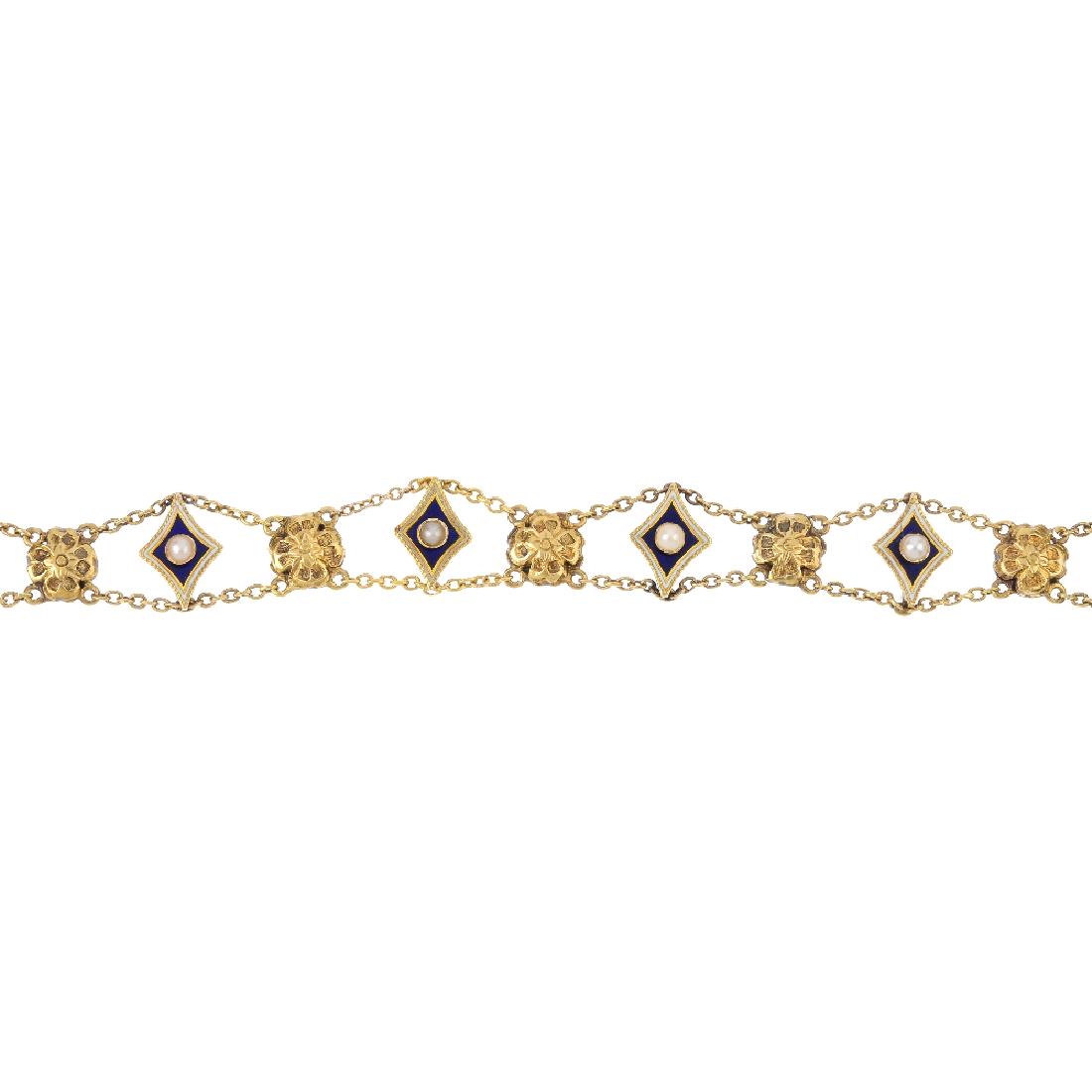 A late Victorian gold split-pearl and enamel bracelet. (1 of 3)
