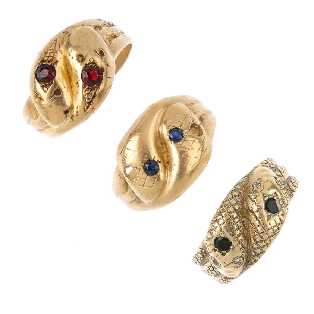 Three 9ct gold snake rings. Each designed as two (1 of 3)