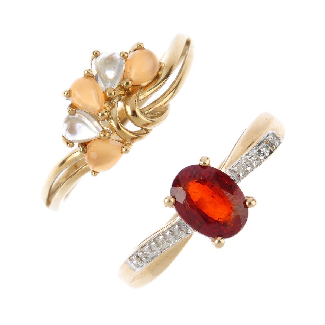 Seven gem-set rings, and two green glass bangles. To (1 of 5)