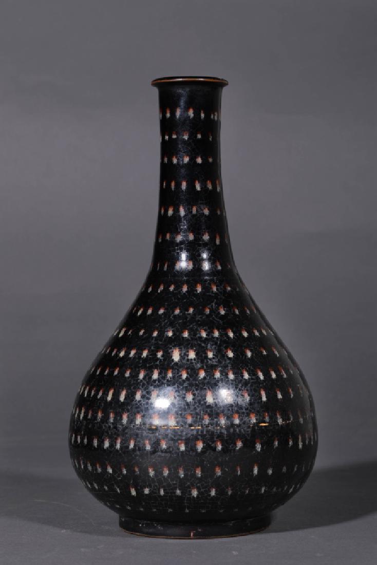 BLACK GLAZED BOTTLE WITH SPOT: Black glazed bottle with spot: Height 30cm, Width 16cm, Caliber 5cm