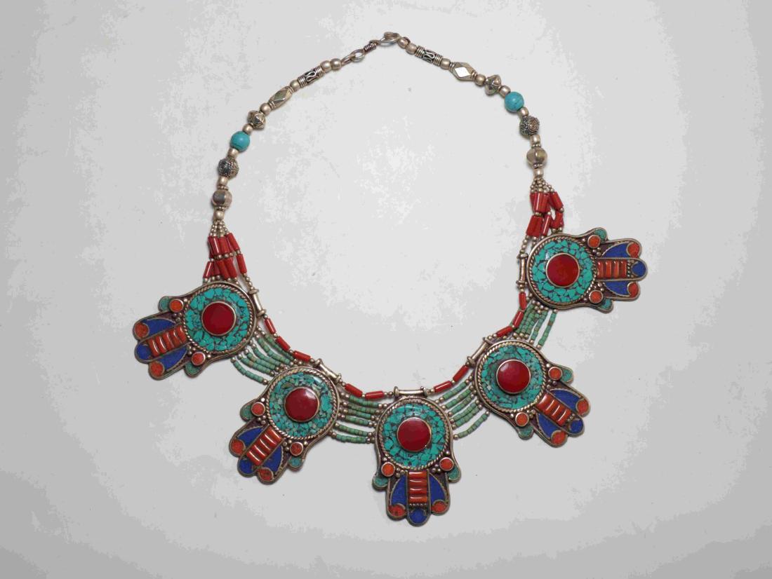 TIBETAN SILVER INLAID GEMSTONE NECKLACE (1 of 4)