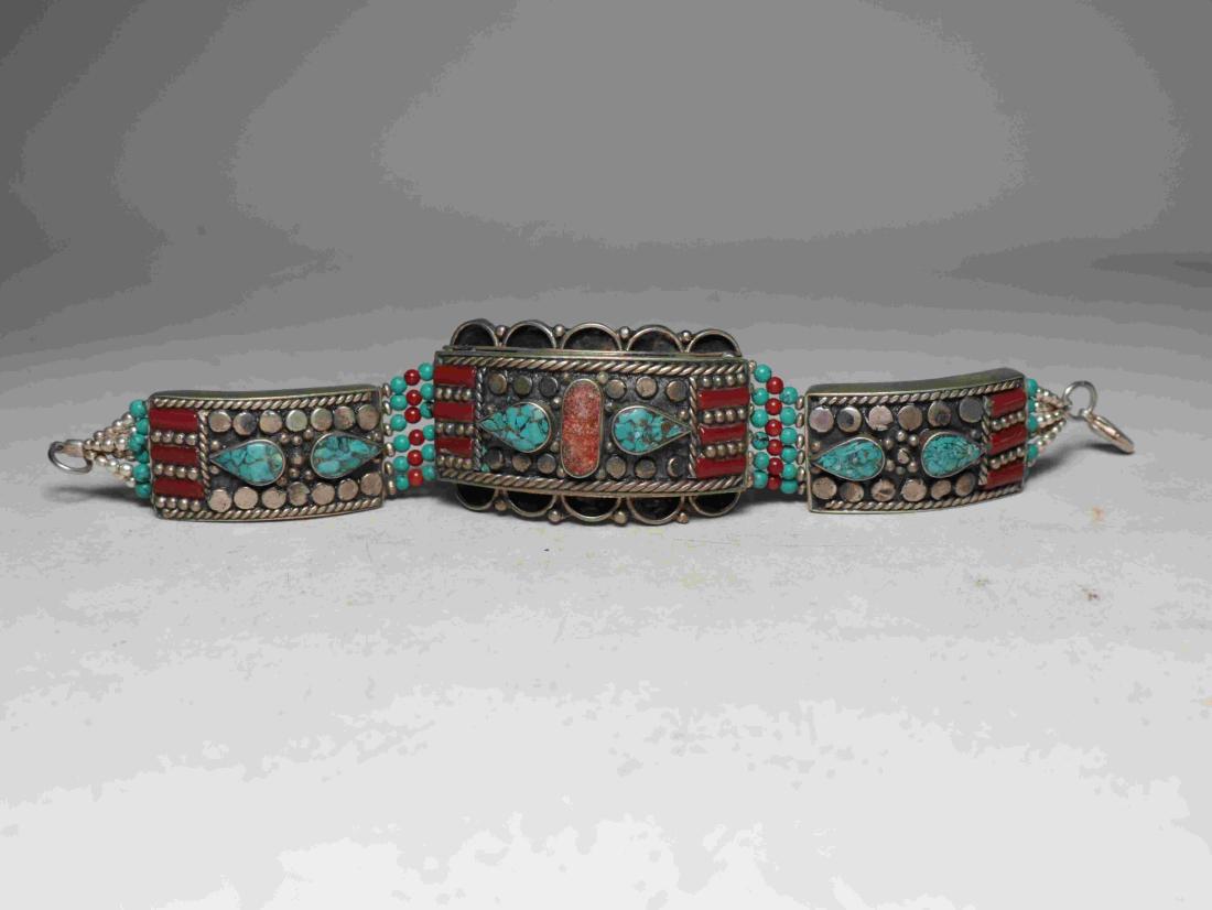 TIBETAN OLD COPPER INLAID GEMSTONE BRACELET (1 of 6)