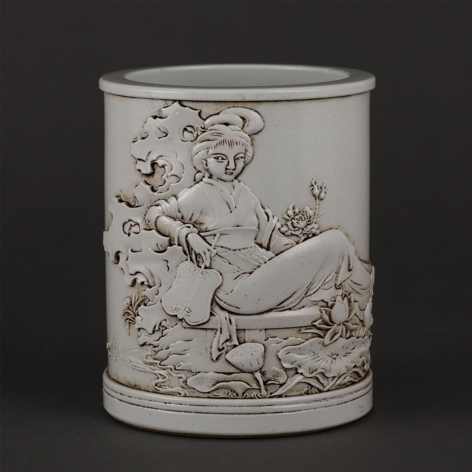 CHINESE WHITE GLAZED PORCELAIN BRUSH POT INCISED WITH (1 of 8)