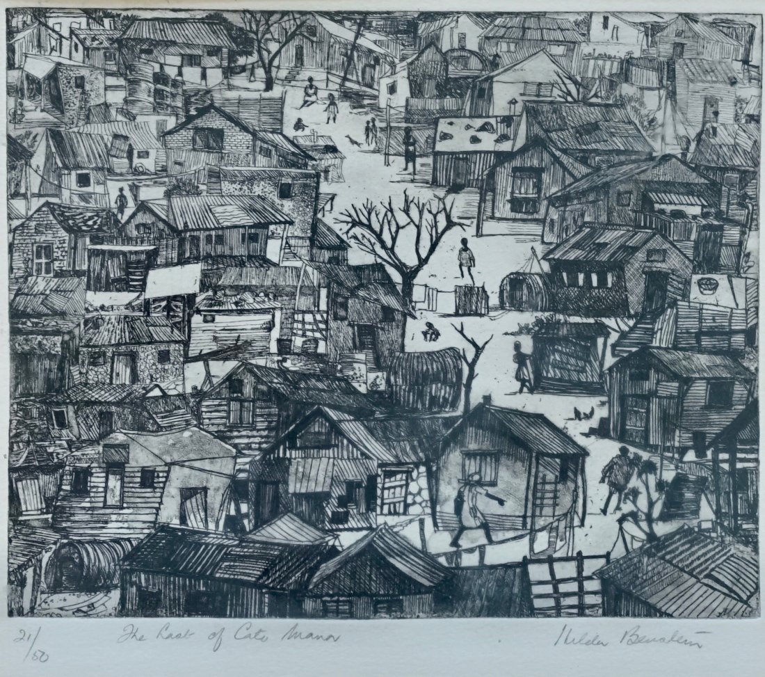 HILDA BERNSTEIN (1915-2006) Cato Manor South Africa: HILDA BERNSTEIN (1915-2006) "The Last Of Cato Manor" Etching 21/50. Pencil Signed. 15 1/2 x 14 1/4 in. (framed), 9 3/4 x 7 3/4 in. folio