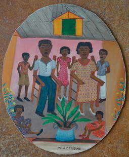 MICIUS STEPHANE Primitive Haitian Oil Painting: MICIUS STEPHANE Primitive Haitian Oil Painting . On masonite 17 x 14 in.