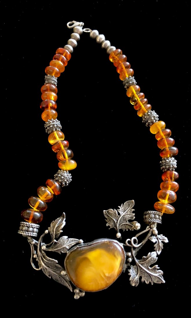 Beaded Amber & Sterling Silver Statement Necklace 18" (1 of 4)