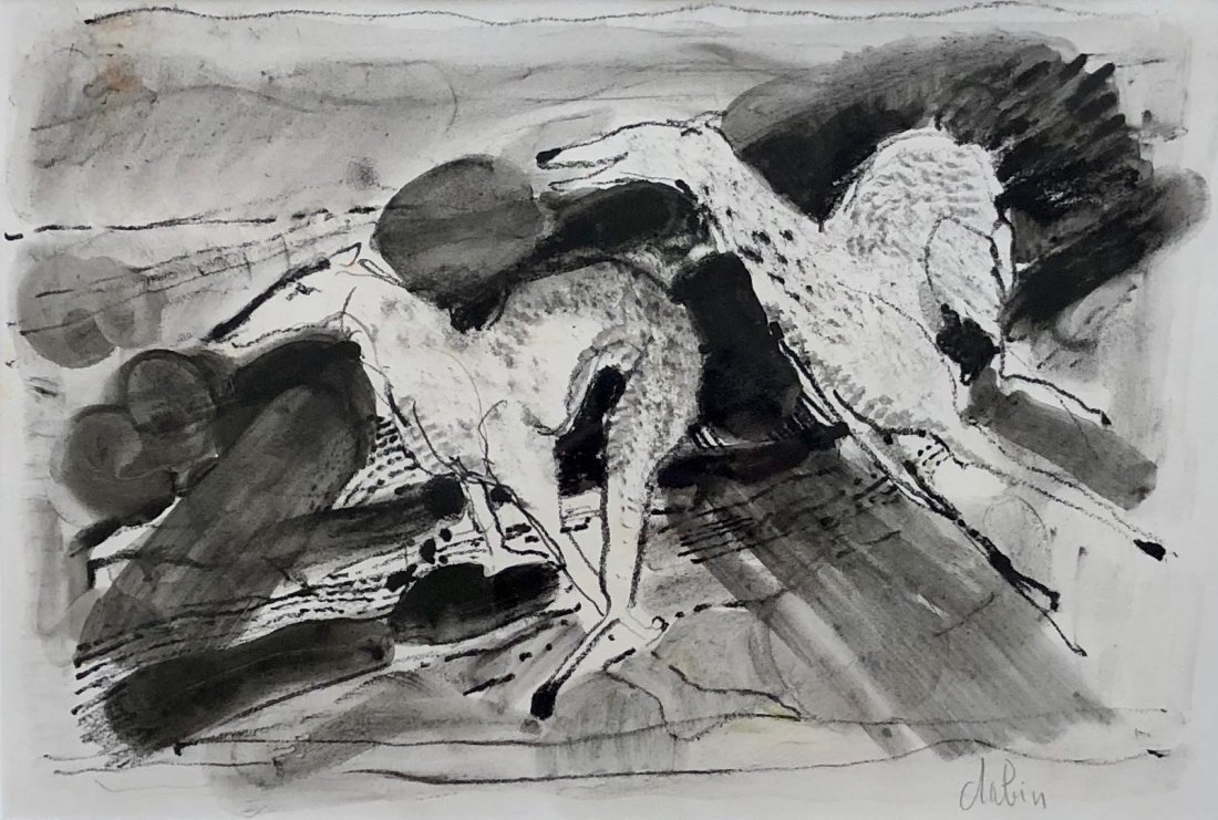 JOEL DABIN (France, 1933-2003): Well-listed French artist. Born in Le Pallet 1933. Died in Nantes 2003. Mixed media. Crayon and gouache on paper. Framed under glass in a black and gold wood frame. 19 1/2 x 15 1/2 in. (Framed). 12 x 