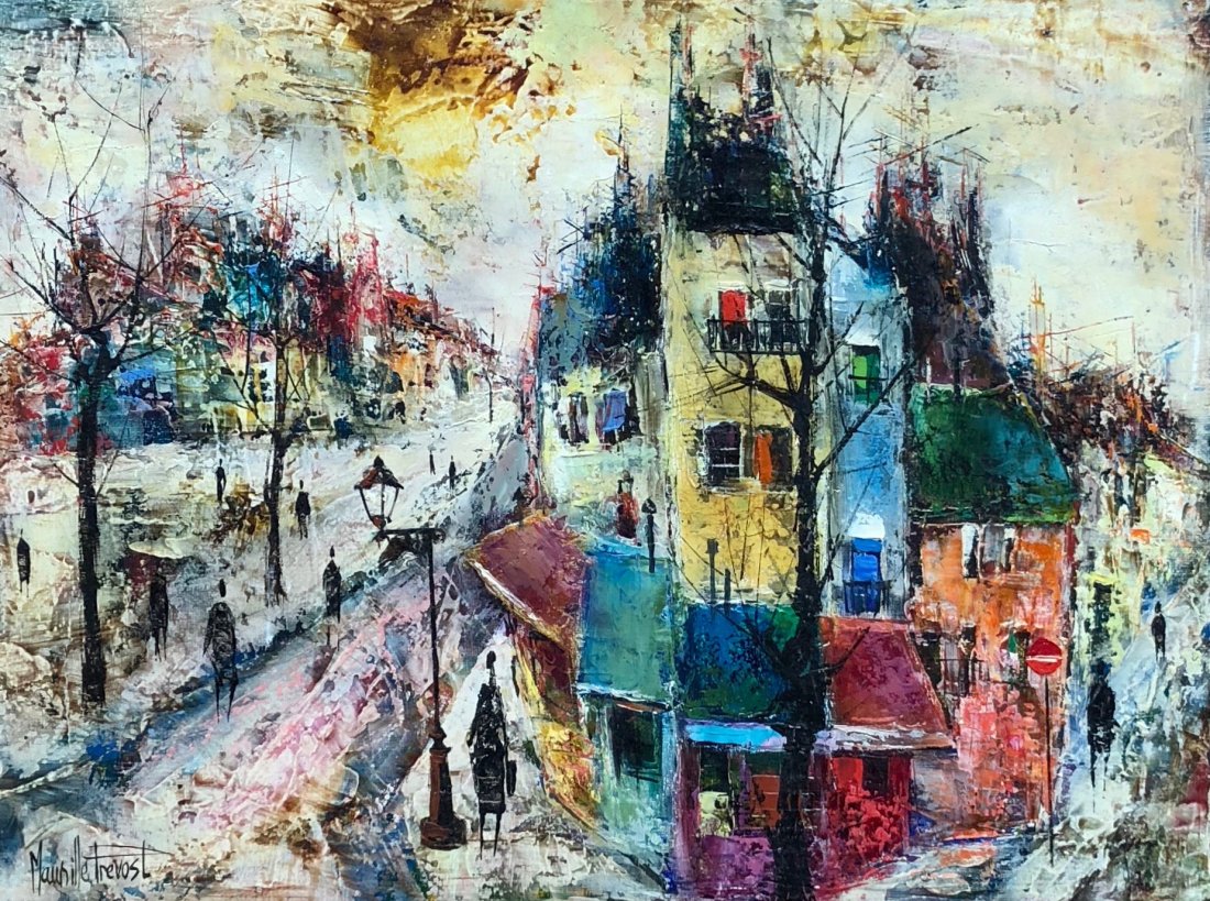 MAURILLE PREVOST (French, b. 1929) Paris: Studied at the l’École des Beaux Art. Street scene. Oil on canvas. Woman artist. 17 1/2 x 13 1/4 in. (Framed), 16 x 12 in. (Canvas).