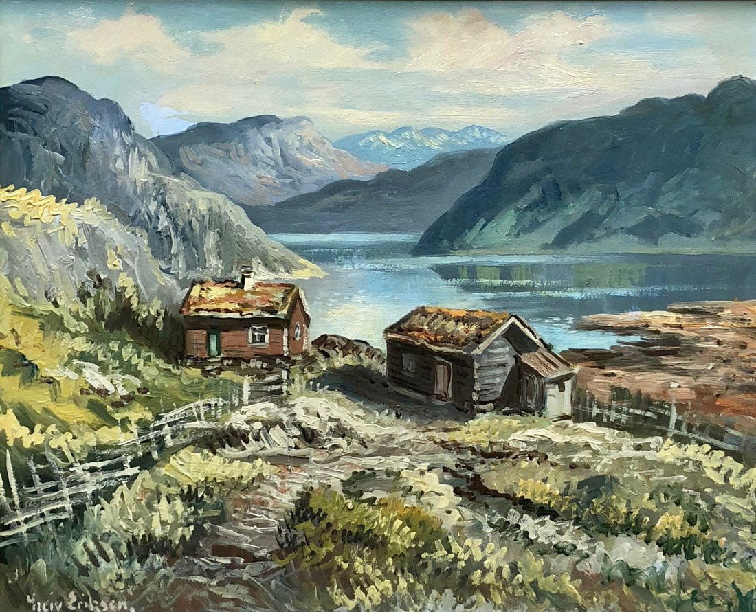 LEIV ERIKSEN (Norway, 20th C.) Fjords: Leiv Eriksen. Norwegian impressionist. Oil on masonite. Fjords landscape. Signed lower left corner. 22 x 18 3/4 in. (Framed), 18 x 15 in. (Masonite).