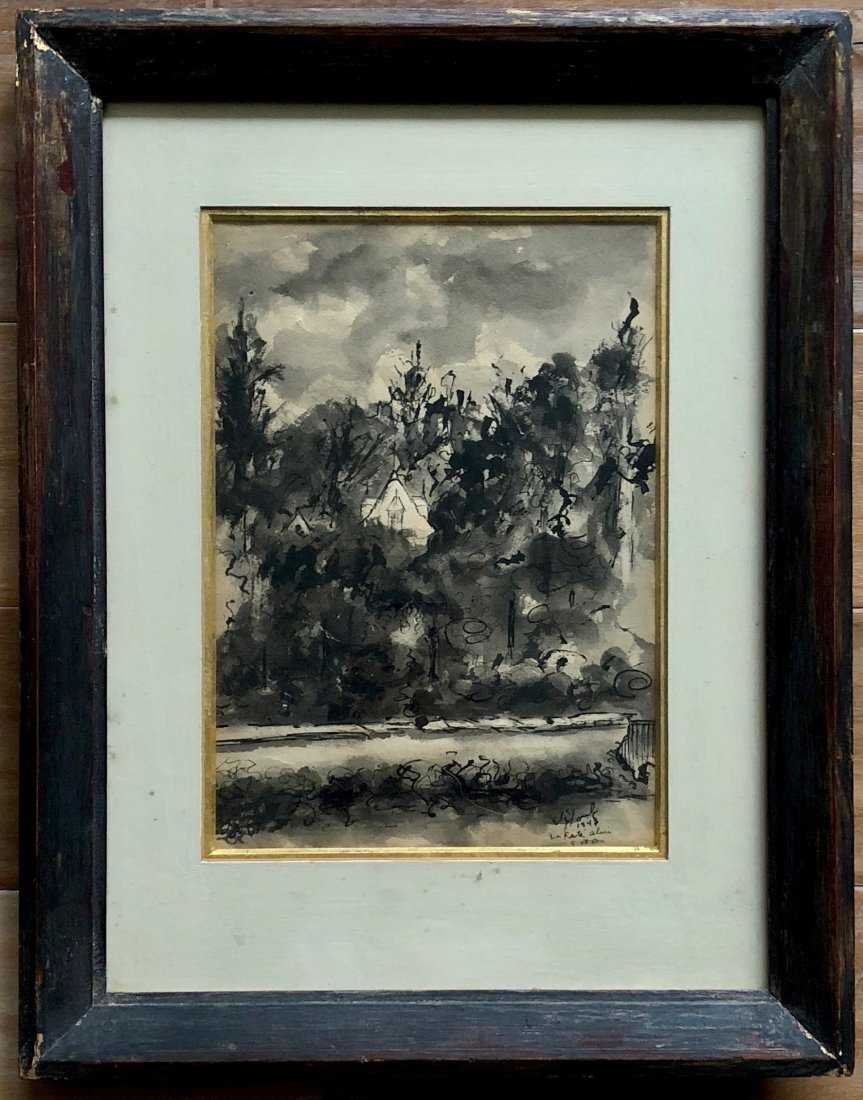 Illegibly Signed French Watercolor A Ferte Alais 1947 (1 of 4)
