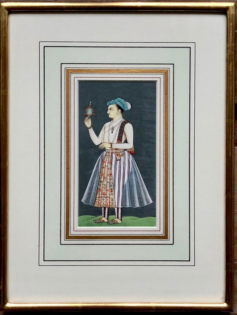 Mughal Empire Emperor Figural Painting: 13 1/8 x 10 in. (Framed), 6 1/8 x 3 3/8 in. (Sight). Has not been inspected outside of frame. Age unknown.