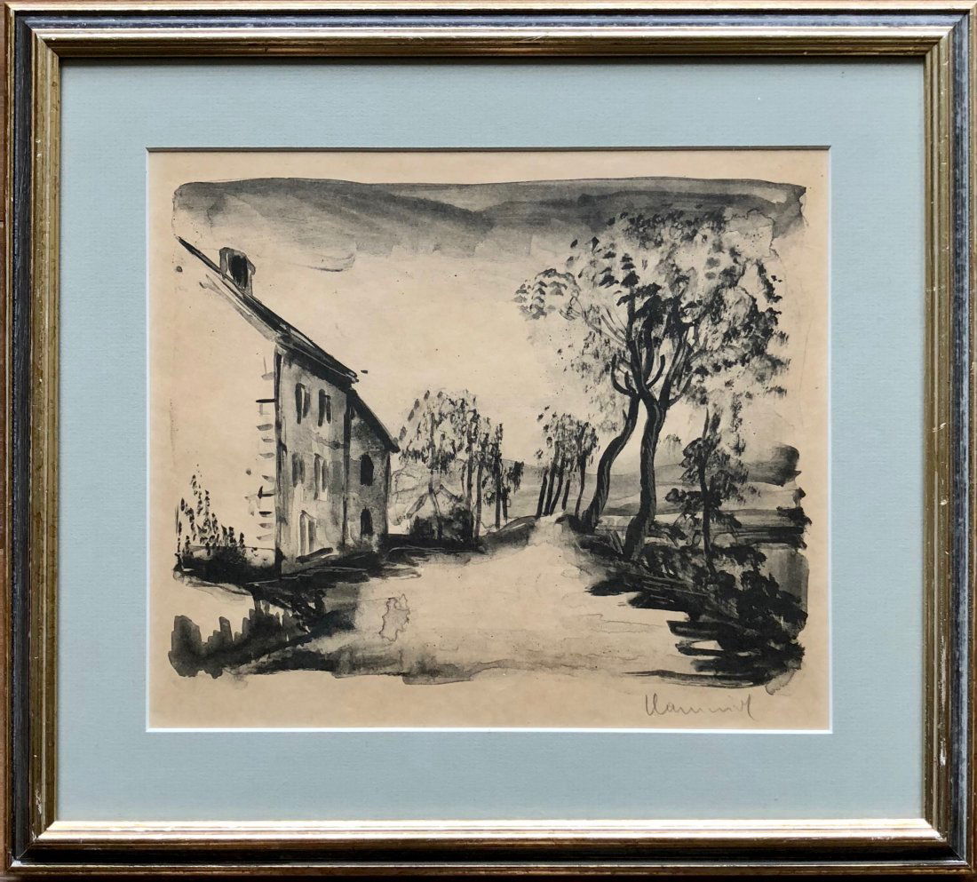 MAURICE DE VLAMINCK (French, 1876-1958): Maurice de Vlaminck (1876 - 1958). Lithograph "La Route de Francheville". Fauvist. Friend of Andre Derain. Spent time in New York. Pencil signed by the artist. Village scene. 14 1/2 x 13 in. (Framed),