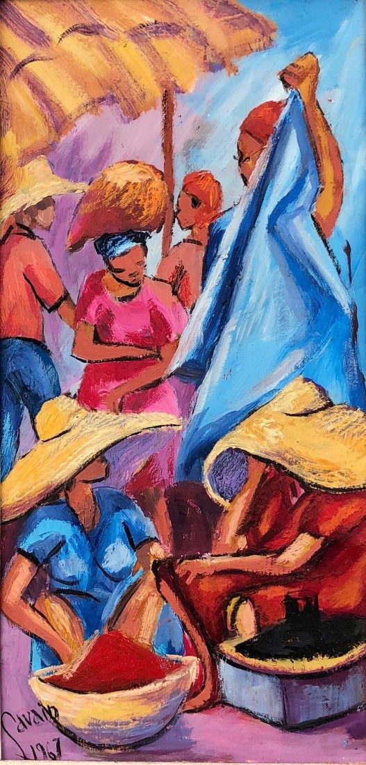 SAVAIN PETION (Haiti, 1906-1973): Haitian modernist. Oil on masonite. 19 1/4 x 11 1/2 in. (Framed), 16 x 8 in. (Board). He is listed on Ralph Harley, Jr.'s "Checklist of Afro-American Art & Artists". Dated 1967.