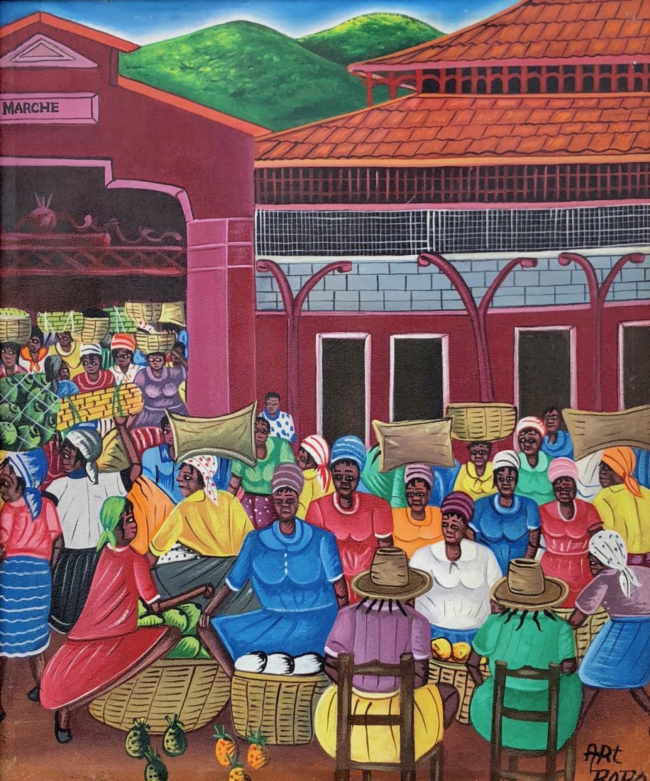 Naive Haitian Market Painting SIGNED ART RORO: Oil on canvas. Looks like a scene from Port Au Prince, Haiti. Signed Art RoRo. Beautiful colors. 28 x 24 in. (Framed), 24 x 19 1/2 in (Canvas)