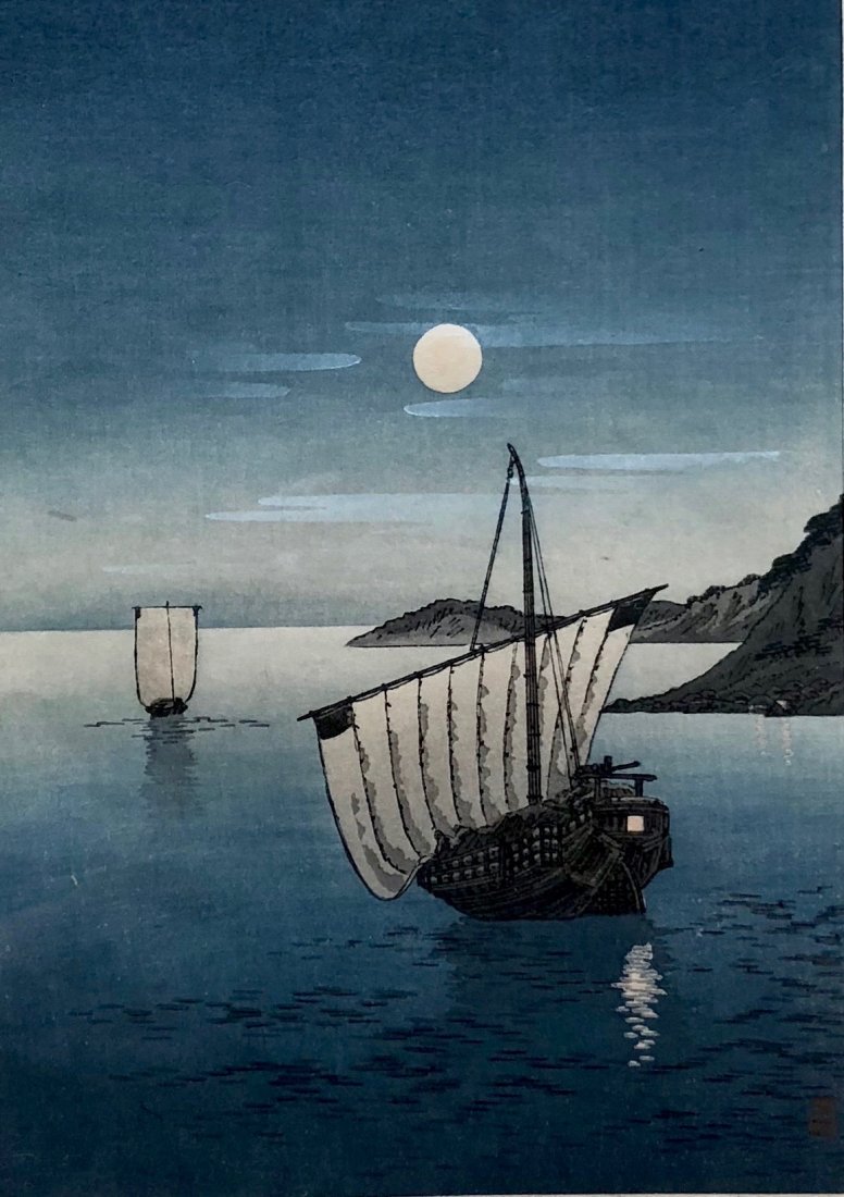 KOHO SHODA (Japan, 1871-1946) "Moonlit Sea" Woodblock: Japanese Woodblock Print "Moonlit Sea" by Koho Shoda. 20 1/2 x 16 1/2 in. (Framed), 9 3/4 x 6 7/8 in. (Sight). Shin hanga artist.